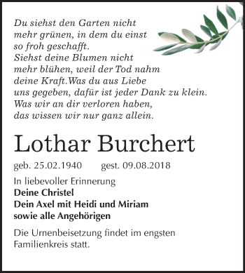 Traueranzeige von Lothar Burchert von Mitteldeutsche Zeitung Bitterfeld