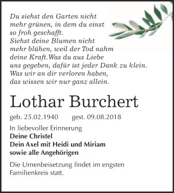 Traueranzeige von Lothar Burchert von WVG - Wochenspiegel Bitterfeld
