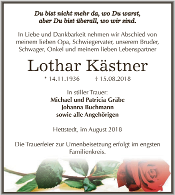 Traueranzeige von Lothar Kästner von Super Sonntag SGH Mansf. Land