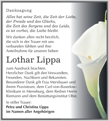 Traueranzeige von Lothar Lippa von Mitteldeutsche Zeitung Merseburg/Querfurt