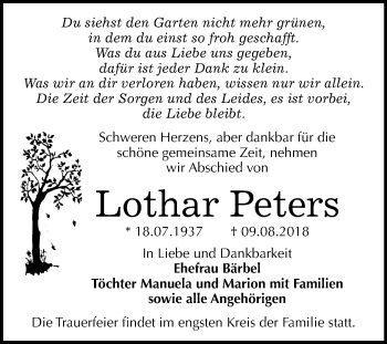 Traueranzeige von Lothar Peters von Mitteldeutsche Zeitung
