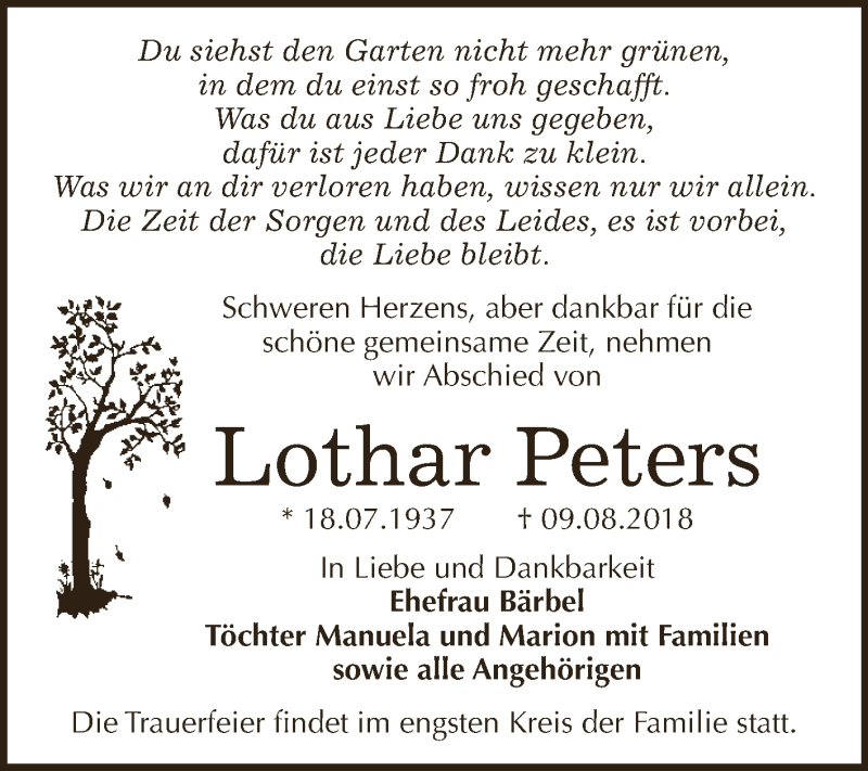  Traueranzeige für Lothar Peters vom 18.08.2018 aus WVG - Wochenspiegel Dessau / Köthen