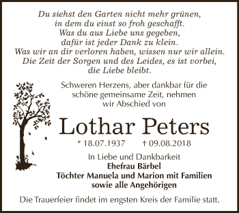 Traueranzeige von Lothar Peters von WVG - Wochenspiegel Dessau / Köthen