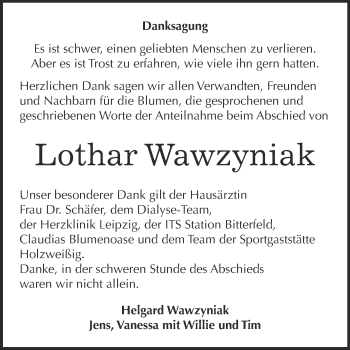 Traueranzeige von Lothar Wawzyniak von WVG - Wochenspiegel Bitterfeld
