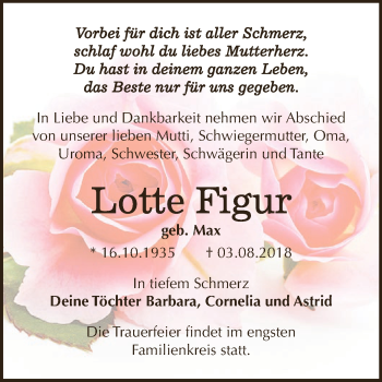 Traueranzeige von Lotte Figur von WVG - Wochenspiegel Dessau / Köthen