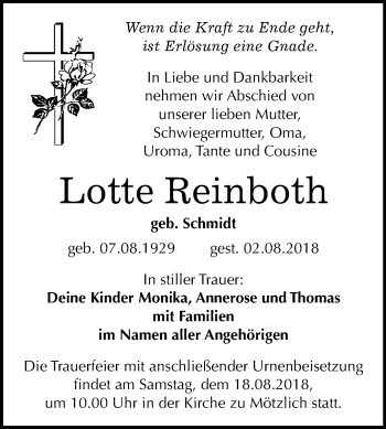 Traueranzeige von Lotte Reinboth von Mitteldeutsche Zeitung Halle/Saalkreis