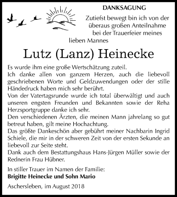 Traueranzeige von Lutz Heinecke von Mitteldeutsche Zeitung Aschersleben