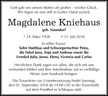 Traueranzeige von Magdalene Kniehaus von WVG - Wochenspiegel Merseburg
