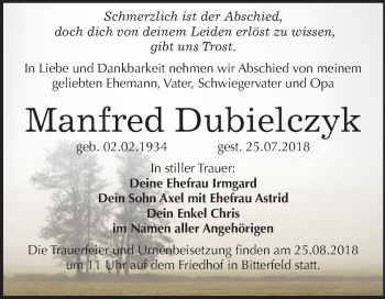 Traueranzeige von Manfred Dubielczyk von Mitteldeutsche Zeitung Bitterfeld