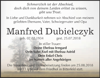 Traueranzeige von Manfred Dubielczyk von WVG - Wochenspiegel Bitterfeld