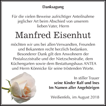 Traueranzeige von Manfred Eisenhut von Mitteldeutsche Zeitung Weißenfels