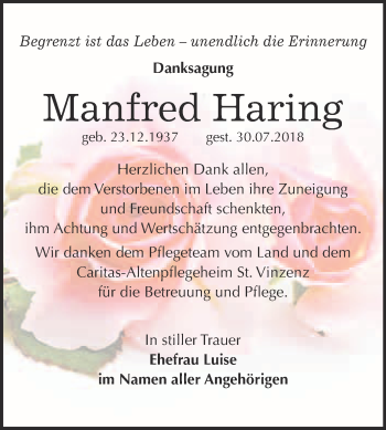 Traueranzeige von Manfred Haring von WVG - Wochenspiegel Bitterfeld