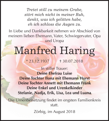 Traueranzeige von Manfred Haring von Mitteldeutsche Zeitung Bitterfeld