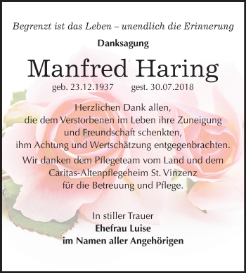 Traueranzeige von Manfred Haring von Mitteldeutsche Zeitung Bitterfeld