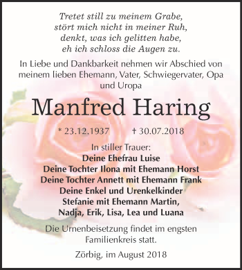 Traueranzeige von Manfred Haring von WVG - Wochenspiegel Bitterfeld