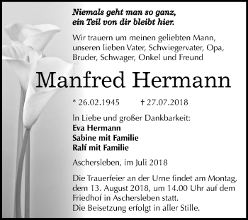 Traueranzeige von Manfred Hermann von Mitteldeutsche Zeitung Aschersleben