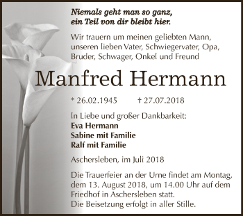 Traueranzeige von Manfred Hermann von Super Sonntag Aschersleben