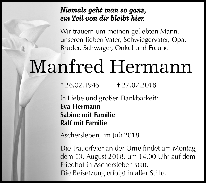  Traueranzeige für Manfred Hermann vom 04.08.2018 aus Mitteldeutsche Zeitung Aschersleben