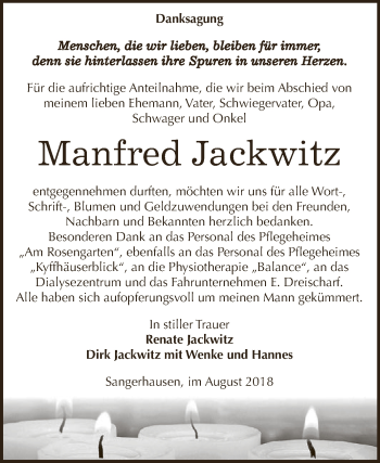 Traueranzeige von Manfred Jackwitz von Super Sonntag SGH Mansf. Land
