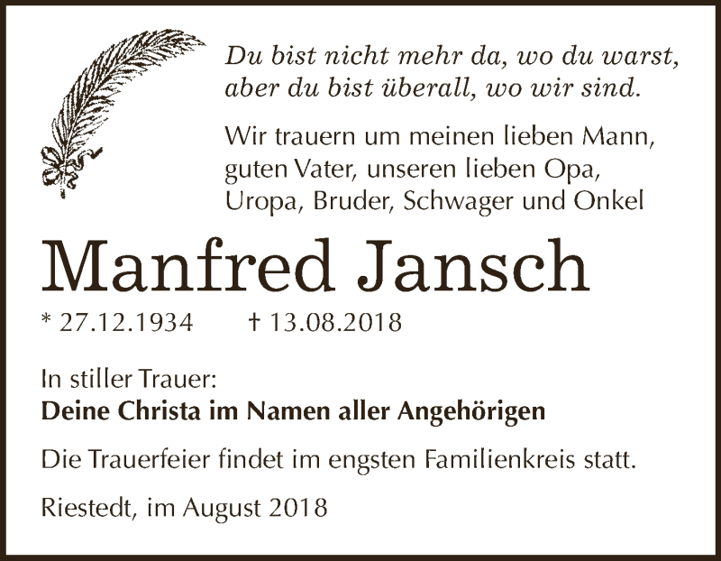 Traueranzeige für Manfred Jansch vom 22.08.2018 aus WVG - Wochenspiegel SGH