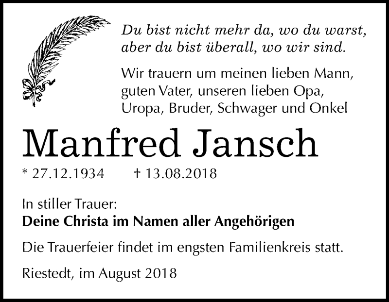  Traueranzeige für Manfred Jansch vom 22.08.2018 aus Mitteldeutsche Zeitung Sangerhausen