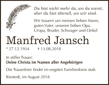 Traueranzeige von Manfred Jansch von WVG - Wochenspiegel SGH