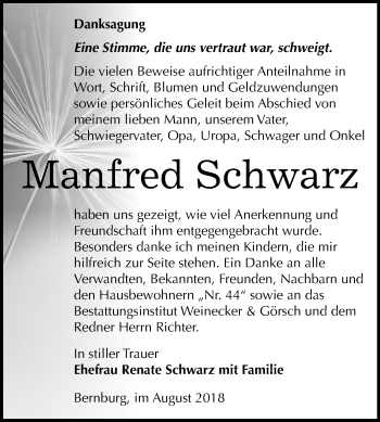 Traueranzeige von Manfred Schwarz von Mitteldeutsche Zeitung Bernburg