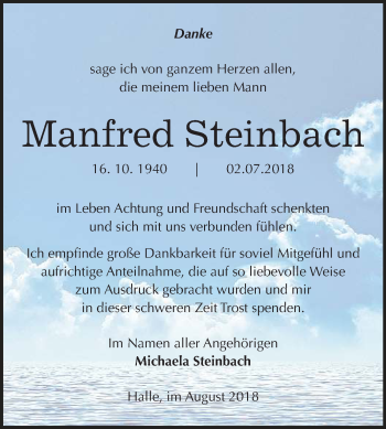 Traueranzeige von Manfred Steinbach von Mitteldeutsche Zeitung Halle/Saalkreis