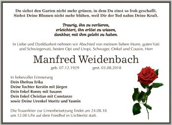 Traueranzeige von Manfred Weidenbach von WVG - Wochenspiegel NMB / WSF / ZTZ