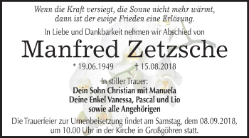 Traueranzeige von Manfred Zetzsche von Mitteldeutsche Zeitung Weißenfels