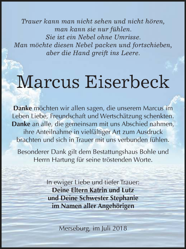  Traueranzeige für Marcus Eiserbeck vom 25.08.2018 aus Mitteldeutsche Zeitung