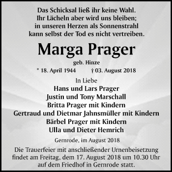 Traueranzeige von Marga Prager von Mitteldeutsche Zeitung Quedlinburg