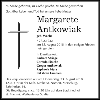 Traueranzeige von Margarete Antkowiak von Mitteldeutsche Zeitung Merseburg/Querfurt