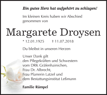 Traueranzeige von Margarete Droysen von Mitteldeutsche Zeitung