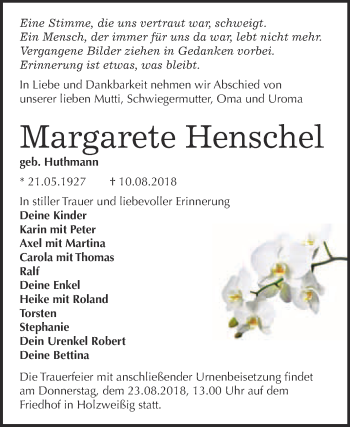Traueranzeige von Margarete Henschel von WVG - Wochenspiegel Bitterfeld