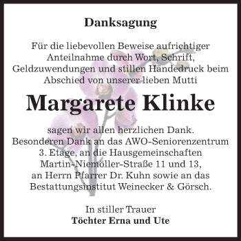 Traueranzeige von Margarete Klinke von Mitteldeutsche Zeitung Bernburg