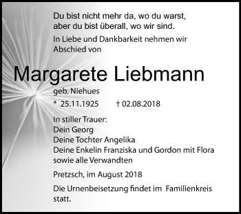 Traueranzeige von Margarete Liebmann von Mitteldeutsche Zeitung