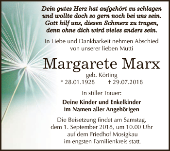 Traueranzeige von Margarete Marx von WVG - Wochenspiegel Dessau / Köthen