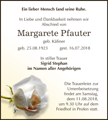 Traueranzeige von Margarete Pfauter von WVG - Wochenspiegel NMB / WSF / ZTZ