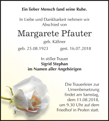 Traueranzeige von Margarete Pfauter von Mitteldeutsche Zeitung Zeitz