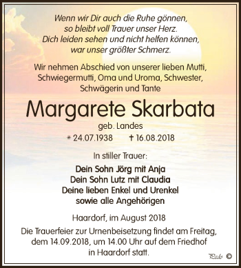 Traueranzeige von Margarete Skarbata von Super Sonntag Zeitz