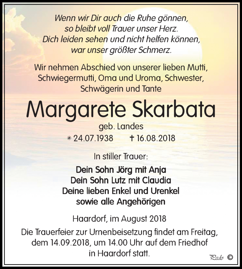  Traueranzeige für Margarete Skarbata vom 25.08.2018 aus Mitteldeutsche Zeitung Zeitz