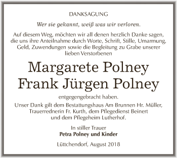 Traueranzeige von Margarete und Frank Jürgen Polney von Wochenspiegel Mansfelder Land