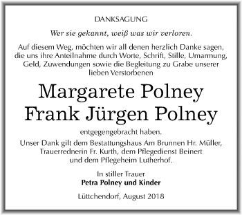 Traueranzeige von Margarete und Frank Jürgen Polney von Mitteldeutsche Zeitung