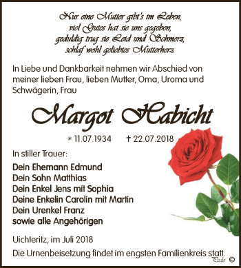 Traueranzeige von Margot Habicht von WVG - Wochenspiegel NMB / WSF / ZTZ