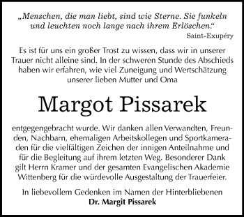 Traueranzeige von Margot Pissarek von Mitteldeutsche Zeitung