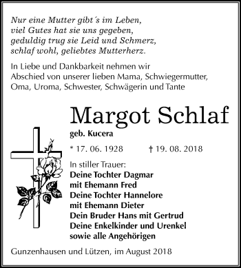 Traueranzeige von Margot Schlaf von Mitteldeutsche Zeitung Weißenfels