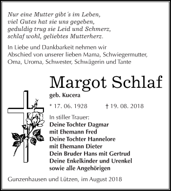 Traueranzeige von Margot Schlaf von Super Sonntag Merseburg