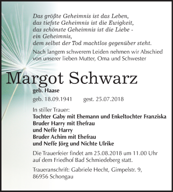 Traueranzeige von Margot Schwarz von Mitteldeutsche Zeitung