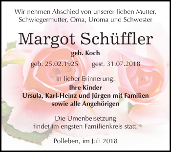 Traueranzeige von Margot Schüffler von Mitteldeutsche Zeitung